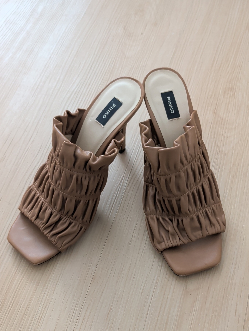 Pinko Ruched Leather Slide Mules in Brown